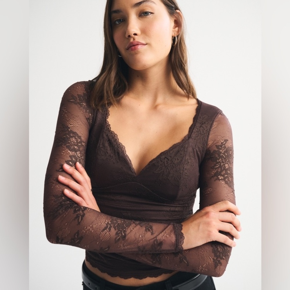 A&F Zoe Bra-Free Long-Sleeve Lace Top in Rich Brown